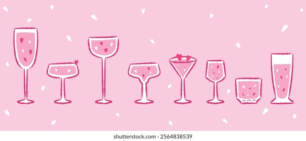 Pink Cocktail Glass witht mini heart  of various shapes hand-drawn Illustration set