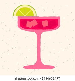 Pink cocktail with ice cubes and lime. Lemonade in margarita glass. Tequila with gin tonic. Alcohol drink for bar. Non-alcoholic beverage. Flat vector illustration with texture