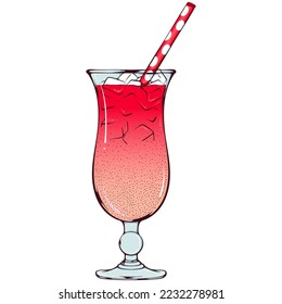 Pink cocktail with ice and a straw. Vector color illustrations in hand drawn cartoon style. Close up glass with alcoholic drink isolated on white. Element for coloring book, design, print.