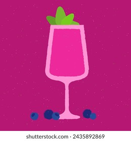 Pink cocktail with mint, blueberries. Lemonade in stemware glass. Fruit smoothie. Milkshake. Alcohol drink for bar. Non-alcoholic beverage. Flat vector illustration with texture