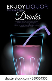 Pink cocktail with straw top.Neon cocktail with light glowing on black background.