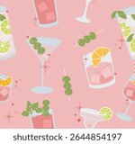 Pink cocktail variety seamless pattern flat illustration. Aesthetic martini, bloodymary texture for party or bar branding vector.