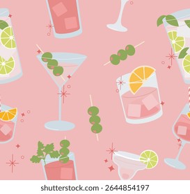 Pink cocktail variety seamless pattern flat illustration. Aesthetic martini, bloodymary texture for party or bar branding vector.