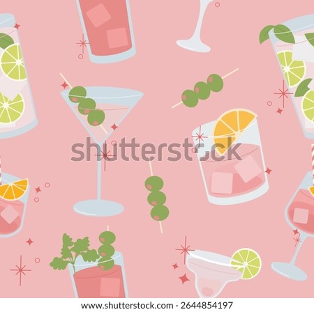 Pink cocktail variety seamless pattern flat illustration. Aesthetic martini, bloodymary texture for party or bar branding vector.