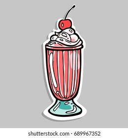 Pink cocktail with whipped cream and cherry. Colorful hand drawn sketch icon on pink background. Vector EPS 10 illustration.