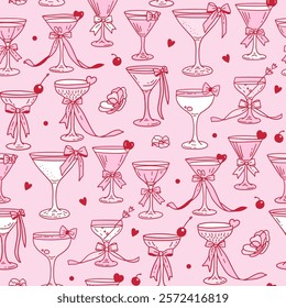 Pink Cocktails Seamless Pattern With Bowtie Accents. Coquette hand drawn vector contour illustration. Valentine's day party decor.