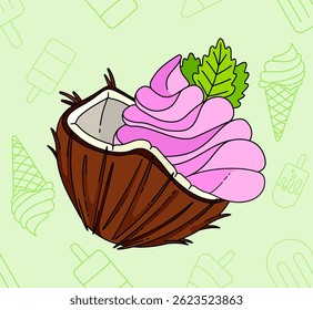 Pink Coco Pandan Strawberry Flavored Ice Cream Served with Mint Leaves and a Whole Coconut for an Indulgent Summer Beach Treat, Perfect for Enjoying the Sunshine