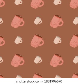 Pink cocoa cup simple seamless cozy pattern. Holiday drink ornament on brown pastel background. Great for fabric design, textile print, wrapping, cover. Vector illustration