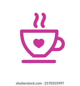 Pink coffee cup with a heart, symbolizing warm love and comfort. Perfect for Valentine's Day and cozy designs. Vector illustration, isolated on white background