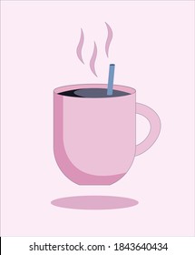 Pink coffee cup with straw and steam. Icon of detailed mug with hot drink. Vector illustration, logo design.