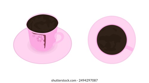 Pink coffee cup top and side view. Hand drawn morning hot drink in colored flat style isolated on white background. Coffee break. Latte, espresso or cappuccino in cartoon style. Vector illustration