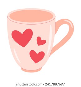 Pink coffee mug. Ceramic mug with red hearts. Happy Valentine. Trendy flat vector illustration. Isolated on white background.