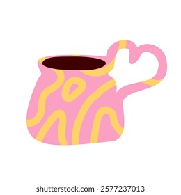 Pink coffee mug with heart shape. Warm cacao cup. Sweet tasty beverage. Childish print for cards, stickers, party invitations and decoration. Retro funky kitchen decor