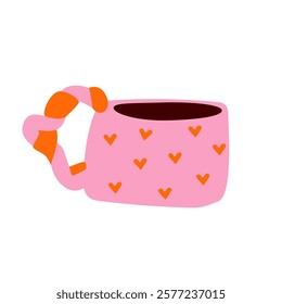 Pink coffee mug with heart shape. Warm cacao cup. Sweet tasty beverage. Childish print for cards, stickers, party invitations and decoration. Retro funky kitchen decor