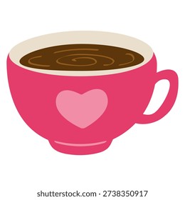 Pink coffee mug with a heart, vector illustration for Valentines Day, romance, or cozy themes
