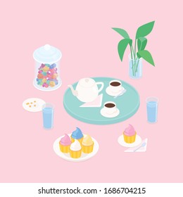 Pink coffee set with cupcakes and candy. Isometric vector illustration in flat design.