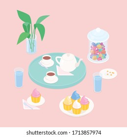Café rosa con pastelitos y dulces. Isométrica ilustración vectorial en diseño plano.