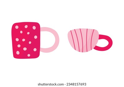 Pink coffee and tea cups set of illustrations. Girly tea pink items for hot drink.