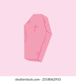 A pink coffin with a cross. Hand drawn Halloween element. Vector illustration