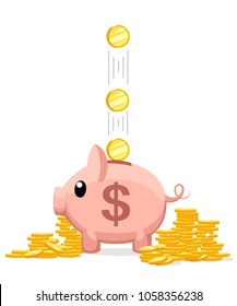 Pink coin box. Piggy bank with falling gold coins. The concept of saving or save money or open a bank deposit. Vector illustration isolated on white background. Web site page and mobile app design.