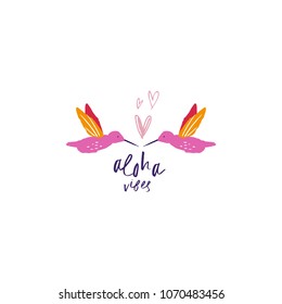 Pink colibri art and sign. Decor elements, print for cards, t-shirts, other clothes and more. Clipart, isolated vector objects.