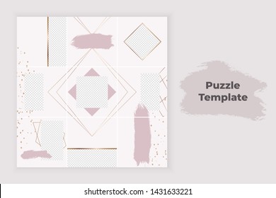 Pink collage puzzle for social media with brush stroke texture, gold lines and confetti. Trendy templates for banner, stories, posts, flyer.
