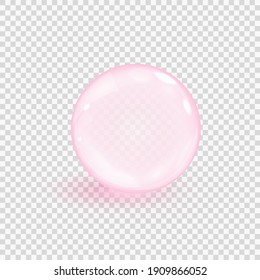 Pink Collagen Bubble Isolated On Transparent Background. Realistic Water Serum Droplet. Vector Illustration Of Glass Surface Ball Or Rain Drop