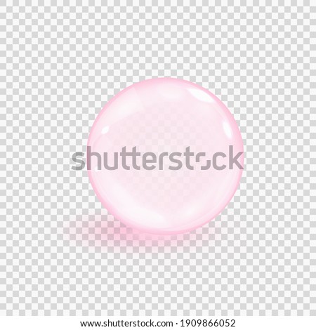 Pink collagen bubble isolated on transparent background. Realistic water serum droplet. Vector illustration of glass surface ball or rain drop