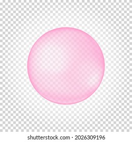 Pink collagen bubble on transparent background. Cherry or strawberry bubble gum. Element of soap foam, bath suds, cleanser liquid, sweet water. Vector realistic illustration.