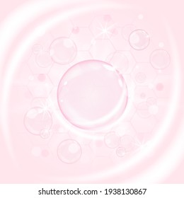 Pink Collagen Bubble, Shiny Oil Vitamin Capsule. Realistic Water Serum Droplet Design Template For Advertisement. Vector Illustration Of Rose Serum Beauty Emulsion Or Hyaluronic Acid Skin Moisturizer