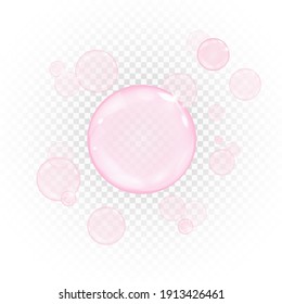 Pink Collagen Bubbles Isolated On Transparent Background. Realistic Water Serum Droplets Or Bubble Gum. Vector Illustration Of Glass Surface Ball Or Rain Drop. Oily Vitamin Serum Beauty Emulsion