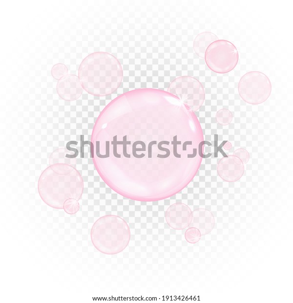 Pink collagen bubbles isolated on transparent\
background. Realistic water serum droplets or bubble gum. Vector\
illustration of glass surface ball or rain drop. Oily vitamin serum\
beauty emulsion