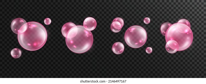 Pink collagen bubbles set isolated on transparent background. Vector realistic shine sphere or soap bubble. 3D illustration