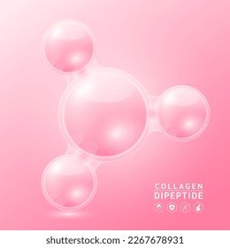 Pink collagen dipeptide solution. Substance for beauty cosmetic with chemical formula from nature. Vitamins serum and hyaluronic acid skincare. Medical scientific concept. 3D Realistic Vector.