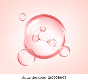 Molécula de colágeno rosa dentro de bolha de soro brilhante. Beleza e conceito de cuidados com a pele. Ilustração vetorial