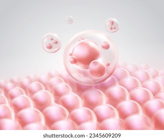 Pink collagen molecules float on skin cells for Skin treatment. Cosmetic ads, nourishing oils, serum products. illustration vector file. svg