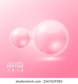 Pink collagen peptide solution. Substance for beauty cosmetic with chemical formula from nature. Vitamins serum and hyaluronic acid skincare. Medical scientific concept. 3D Realistic Vector.