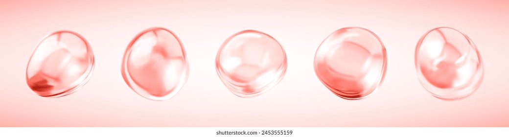 Burbujas de colágeno rosado en suero. Gotas de esencia cosmética. Solución de cosméticos para el cuidado de la piel. Vector ilustración realista