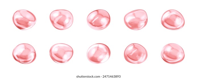 Pink collagen serum bubbles. Cosmetic essence drops. Concept skincare cosmetics solution. Vector realistic illustration