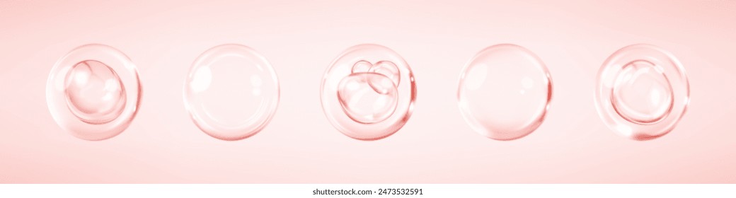 Pink collagen serum bubbles. Cosmetic essence. Concept skincare cosmetics solution. Vector realistic illustration