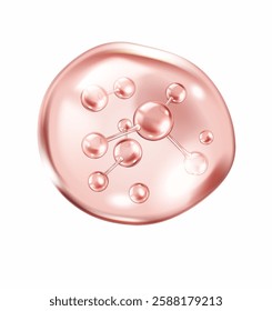Pink collagen serum drop containing molecules realistic vector illustration. Skincare and beauty products development 3d object on white