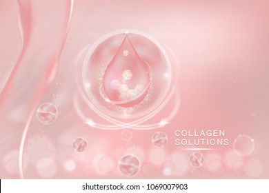 Pink Collagen Serum drop, cosmetic advertising background ready to use, luxury hyaluronic acid skin care ad, Illustration vector.
