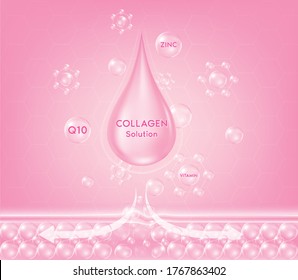 Pink collagen serum drop with cosmetic. Skin firming nutrition drop. Young sensitive irritated skin cleansing moisturizer. vector illustration.