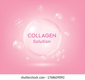 Pink collagen serum drop with cosmetic. Skin firming nutrition drop. Young sensitive irritated skin cleansing moisturizer. vector illustration.