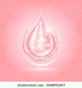 Pink collagen serum drop with cosmetic advertising background ready to use. Hyaluronic acid skin solutions. 3D vector illustration.