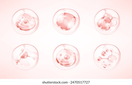 Gotas de suero de colágeno rosa. Líquido cosmético, burbuja de esencia. Concepto de solución cosmética para el cuidado de la piel. Ilustración vectorial