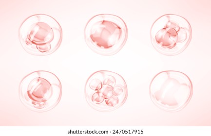 Gotas de suero de colágeno rosa. Líquido cosmético, burbuja de esencia. Concepto de solución cosmética para el cuidado de la piel. Ilustración vectorial