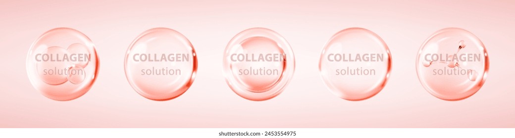 Pink collagen serum or essence bubble. Hyaluronic acid and moisturizer vitamins. Serum skin care. Vector illustration