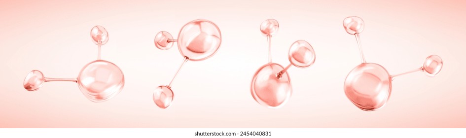 Pink collagen serum molecules. 3D abstract molecular structures. Beauty science skincare molecular concept. Vector 3d illustration