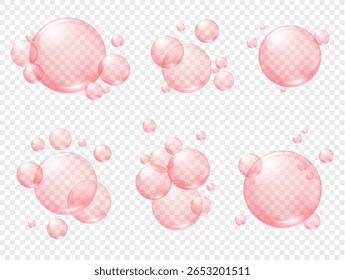 Bolhas de sabão ou soro de colágeno rosa. Essência de cuidados da pele cosmética, gotas de vitamina ou umidade. Esferas transparentes rosa, mascar bolas de chiclete. Conjunto de vetores 3D realista.